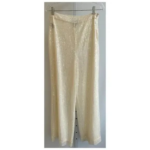 MINT House of Harlow 1960 Revolve Wide Leg Sequin pants High Waist Cream Size 6 - Picture 1 of 8
